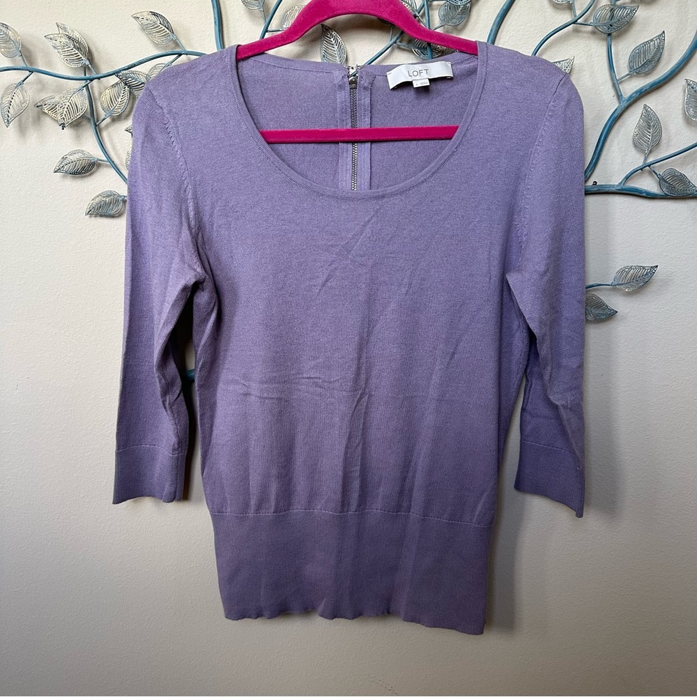 LOFT scoop neck zip back lavender lightweight sweater Sz S